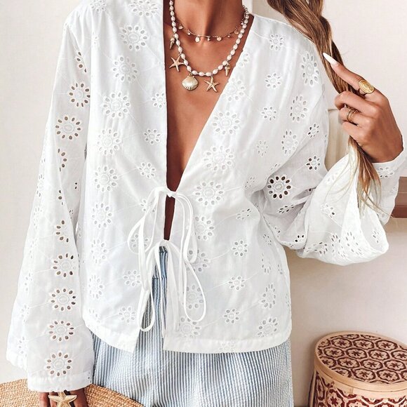 White Boho Women's Casual Woven Long Sleeve Front Tie Loose Blouse - Picture 6 of 6